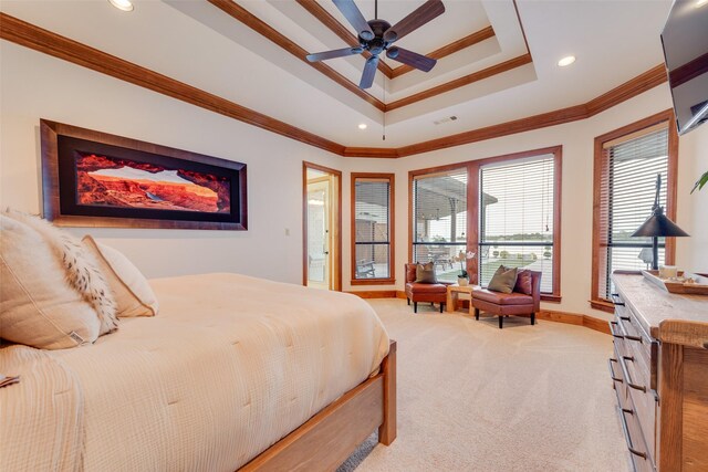 12624 Lake Shore Ct N, Fort Worth, TX 76179 - bedroom with light carpet, recessed lighting, crown molding, multiple windows, and a tray ceiling