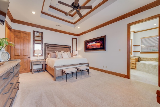 12624 Lake Shore Ct N, Fort Worth, TX 76179 - bedroom with light colored carpet, a raised ceiling, ornamental molding, recessed lighting, and a ceiling fan