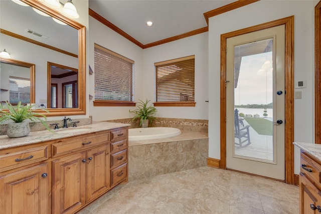 12624 Lake Shore Ct N, Fort Worth, TX 76179 - bathroom featuring vanity, a garden tub, ornamental molding, tile patterned flooring, and recessed lighting