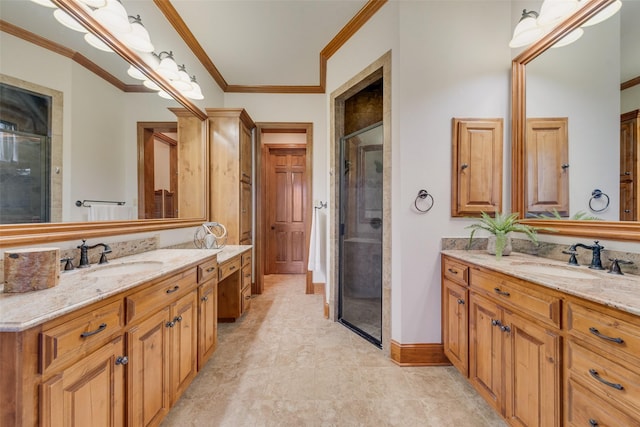12624 Lake Shore Ct N, Fort Worth, TX 76179 - bathroom with two vanities, a stall shower, and crown molding