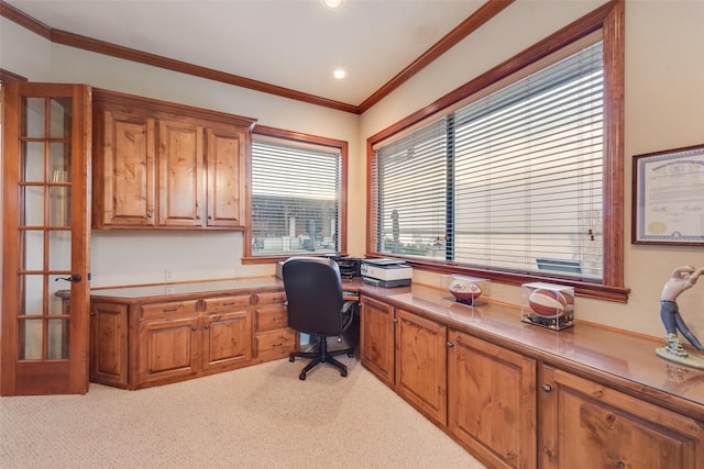 12624 Lake Shore Ct N, Fort Worth, TX 76179 - home office featuring built in study area, light colored carpet, ornamental molding, and recessed lighting