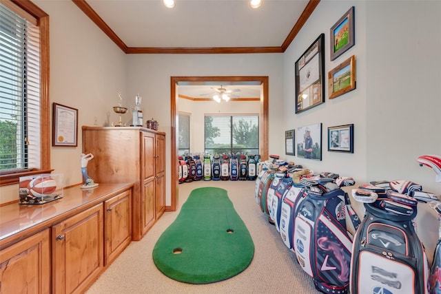 12624 Lake Shore Ct N, Fort Worth, TX 76179 - recreation room featuring light carpet, ornamental molding, recessed lighting, and ceiling fan