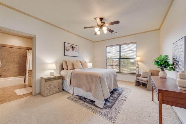 12624 Lake Shore Ct N, Fort Worth, TX 76179 - bedroom with crown molding, connected bathroom, ceiling fan, and light colored carpet