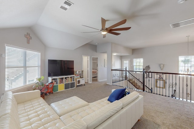 1225 Long Leaf Dr, Savannah, TX 76227 - carpeted living area featuring ceiling fan and lofted ceiling