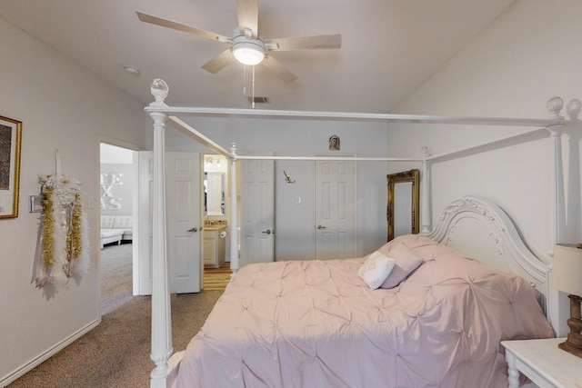 1225 Long Leaf Dr, Savannah, TX 76227 - bedroom with carpet floors, ensuite bathroom, ceiling fan, and lofted ceiling
