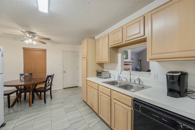 202 Lancelot Dr, Weatherford, TX 76086 - kitchen featuring dishwasher, light brown cabinetry, light countertops, a textured ceiling, and a ceiling fan