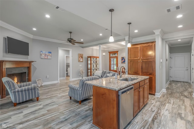 9424 N Pointe Cir, Greenwood, LA 71033 - kitchen with stainless steel dishwasher, open floor plan, ornamental molding, recessed lighting, and light wood finished floors