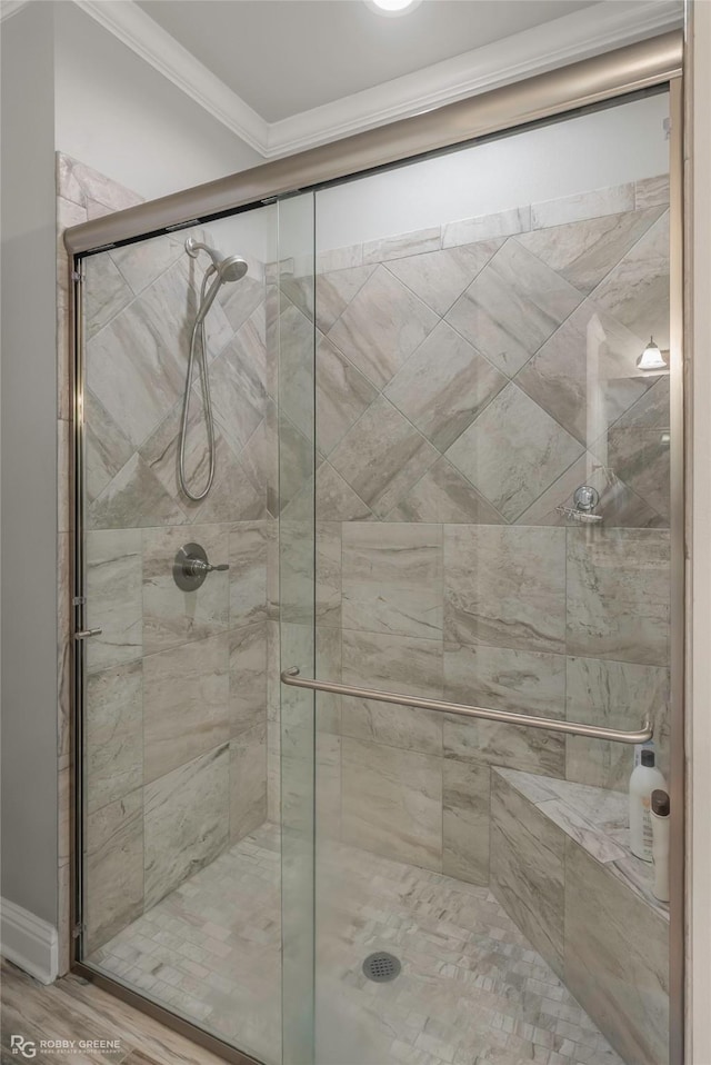 9424 N Pointe Cir, Greenwood, LA 71033 - full bathroom with ornamental molding, a shower stall, and wood finished floors