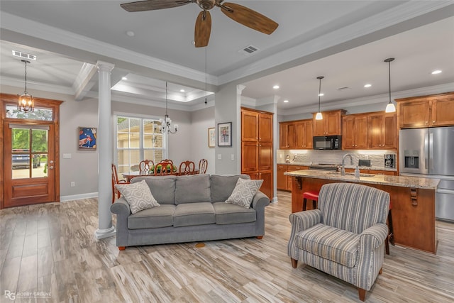 9424 N Pointe Cir, Greenwood, LA 71033 - living area featuring ornamental molding, ceiling fan, recessed lighting, light wood-style floors, and a chandelier