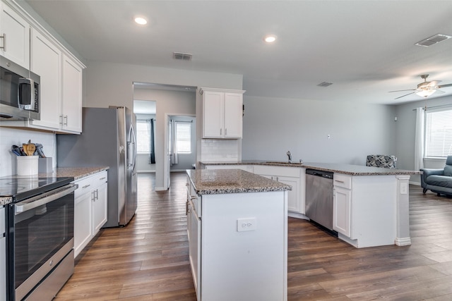 309 Jenkinson Dr, Fate, TX 75189 - kitchen featuring appliances with stainless steel finishes, a peninsula, white cabinetry, open floor plan, and recessed lighting