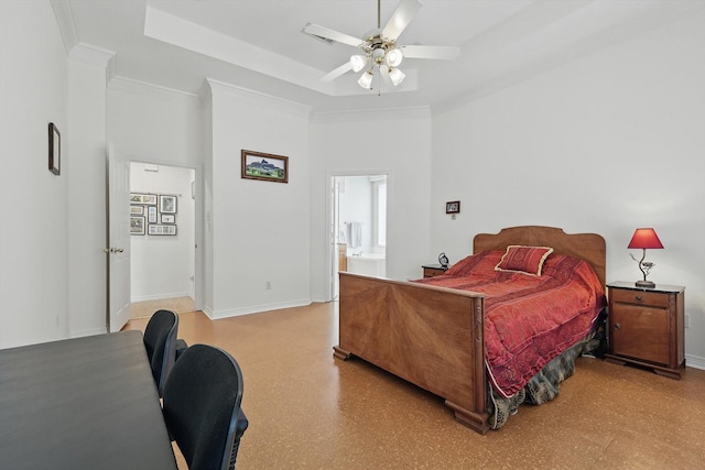 7939 Xavier Ct, Dallas, TX 75218 - bedroom featuring a desk, a raised ceiling, ceiling fan, a towering ceiling, and connected bathroom
