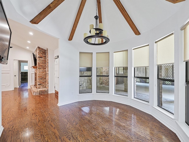 9101 Westwood Shores Dr, Fort Worth, TX 76179 - unfurnished living room featuring a chandelier, wood finished floors, high vaulted ceiling, beam ceiling, and recessed lighting