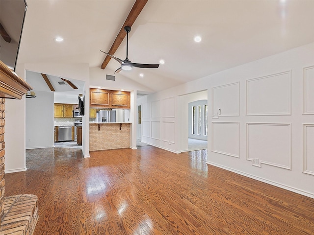 9101 Westwood Shores Dr, Fort Worth, TX 76179 - unfurnished living room featuring ceiling fan, dark wood-style floors, and recessed lighting