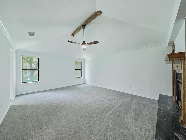 9101 Westwood Shores Dr, Fort Worth, TX 76179 - unfurnished living room featuring a fireplace, healthy amount of natural light, carpet flooring, and crown molding