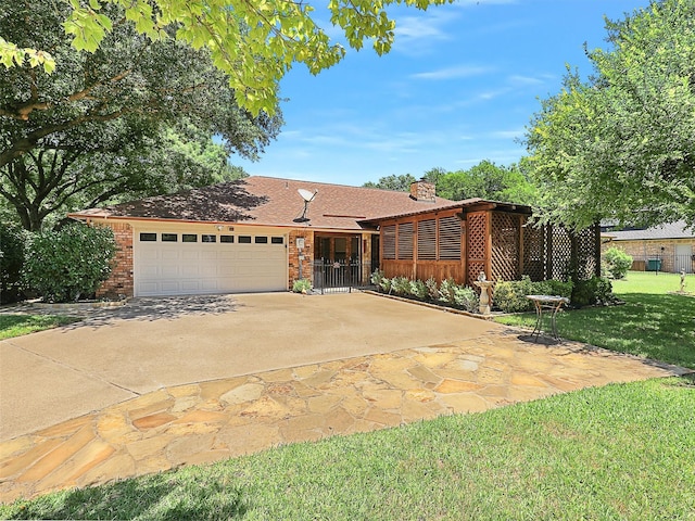 9101 Westwood Shores Dr, Fort Worth, TX 76179 - view of front facade with a garage, a front lawn, concrete driveway, a chimney, and brick siding