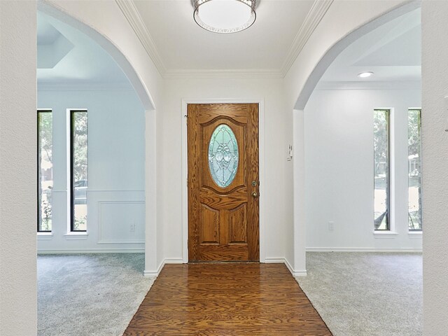 9101 Westwood Shores Dr, Fort Worth, TX 76179 - carpeted entryway featuring plenty of natural light, arched walkways, and crown molding