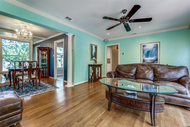 448 Parkhurst Dr, Dallas, TX 75218 - living area with a chandelier, wood finished floors, decorative columns, ornamental molding, and ceiling fan
