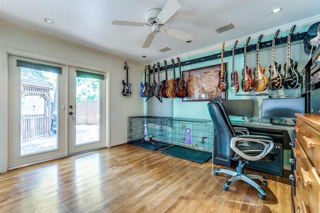 448 Parkhurst Dr, Dallas, TX 75218 - office with wood finished floors, ceiling fan, french doors, ornamental molding, and recessed lighting