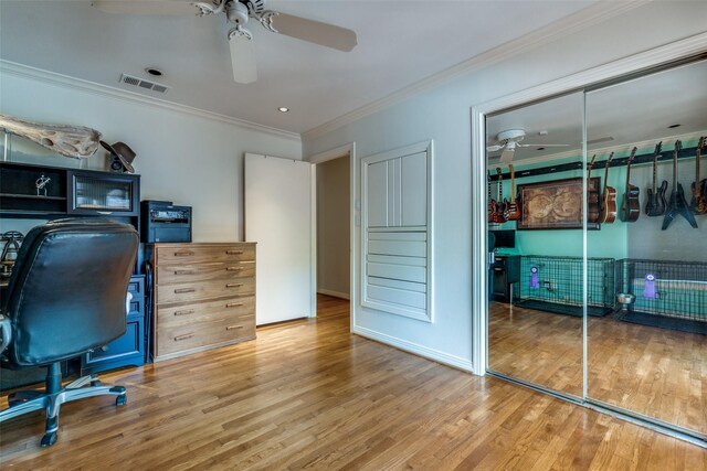 448 Parkhurst Dr, Dallas, TX 75218 - office area featuring a ceiling fan, wood finished floors, and ornamental molding