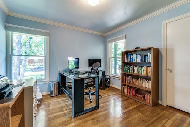 448 Parkhurst Dr, Dallas, TX 75218 - office area featuring healthy amount of natural light, light wood-style flooring, and ornamental molding
