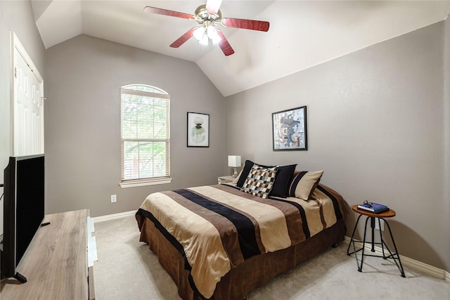 2324 Heather Ridge Dr, Flower Mound, TX 75028 - bedroom with light colored carpet, lofted ceiling, and ceiling fan