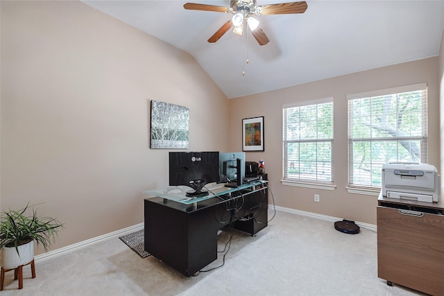 2324 Heather Ridge Dr, Flower Mound, TX 75028 - office space with vaulted ceiling, ceiling fan, and light carpet