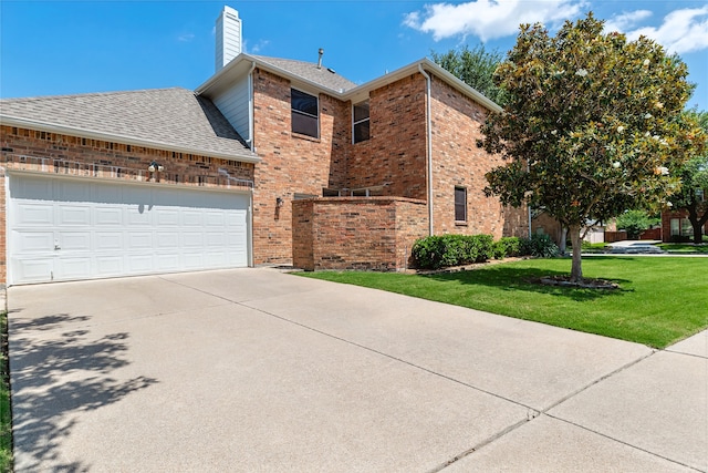2324 Heather Ridge Dr, Flower Mound, TX 75028 - view of front of home featuring driveway, a front yard, a garage, a shingled roof, and a chimney