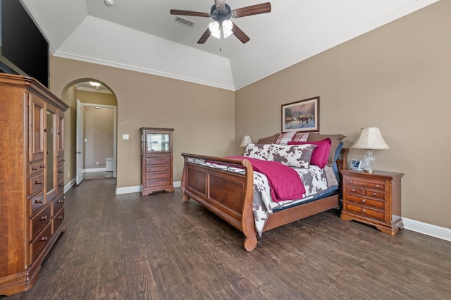2237 Veranda Ave, Trophy Club, TX 76262 - bedroom with arched walkways, a tray ceiling, dark wood-style floors, crown molding, and ceiling fan