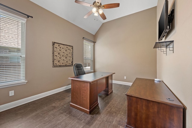 2237 Veranda Ave, Trophy Club, TX 76262 - office featuring a ceiling fan, dark wood-type flooring, and vaulted ceiling