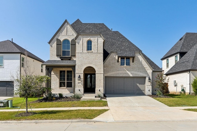 4131 Sandhills Ln, Prosper, TX 75078 - french country inspired facade featuring brick siding, driveway, a front yard, and a garage