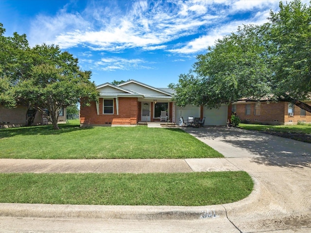 301 Redbud, Ferris, TX 75125 - ranch-style home featuring brick siding, a garage, covered porch, concrete driveway, and a front lawn