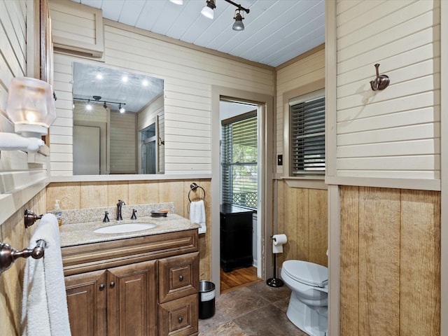 301 Redbud, Ferris, TX 75125 - bathroom with wooden walls, vanity, track lighting, and stone finish flooring