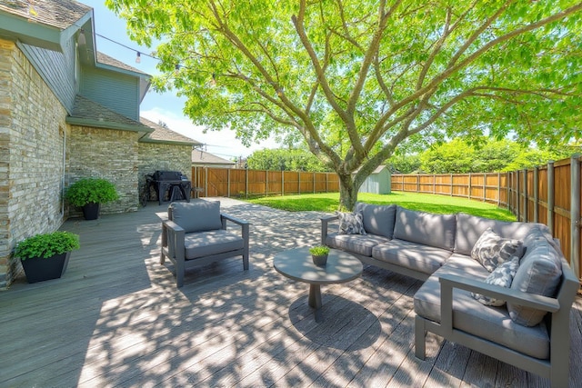 113 N W A Allen Blvd, Wylie, TX 75098 - wooden deck with outdoor lounge area, a fenced backyard, a shed, and grilling area