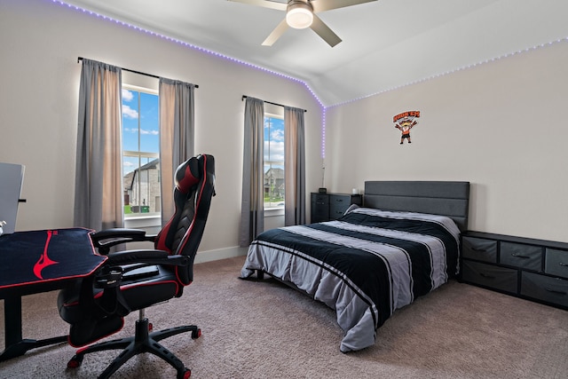 633 Taylor Dr, Fate, TX 75087 - bedroom featuring carpet flooring, vaulted ceiling, an office area, and ceiling fan
