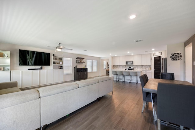 816 Adair Dr, Aubrey, TX 76227 - living room featuring ceiling fan, recessed lighting, and dark wood-style flooring