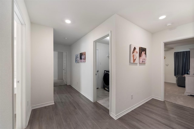 816 Adair Dr, Aubrey, TX 76227 - hall featuring washer / clothes dryer, dark wood finished floors, and recessed lighting