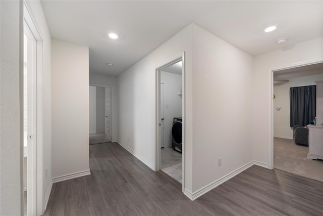 816 Adair Dr, Aubrey, TX 76227 - hallway with wood finished floors, washer / clothes dryer, and recessed lighting