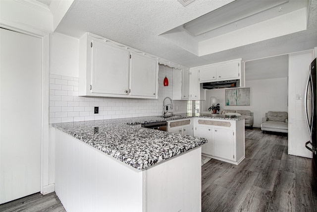 306 Country Club Dr, Joshua, TX 76058 - kitchen featuring a peninsula, dark wood-style floors, white cabinetry, decorative backsplash, and a textured ceiling