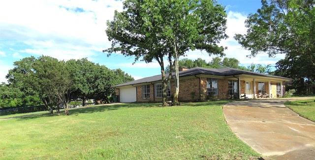 306 Country Club Dr, Joshua, TX 76058 - ranch-style house with a front yard, a garage, brick siding, concrete driveway, and a chimney