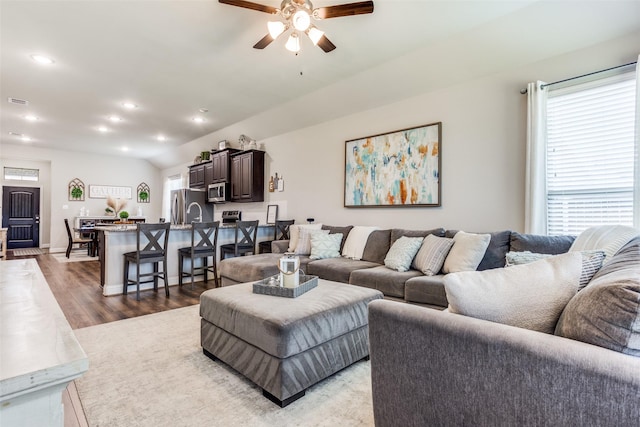 502 Weston St, Wylie, TX 75098 - living room with ceiling fan, light wood-type flooring, lofted ceiling, and recessed lighting