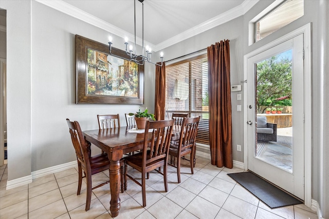 5651 Lucca Dr, Fort Worth, TX 76140 - dining area with light tile patterned floors, crown molding, and a chandelier