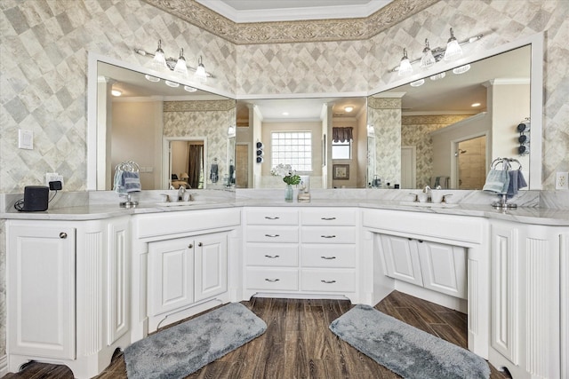 5651 Lucca Dr, Fort Worth, TX 76140 - full bathroom featuring ornamental molding, double vanity, wood finished floors, and tile walls
