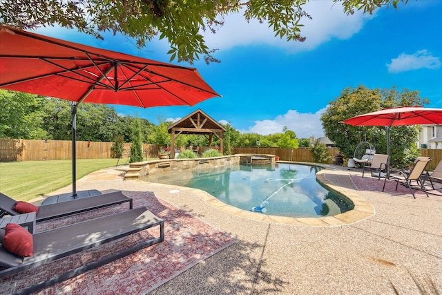 5651 Lucca Dr, Fort Worth, TX 76140 - view of swimming pool featuring a gazebo, a fenced backyard, a pool with connected hot tub, and a patio area