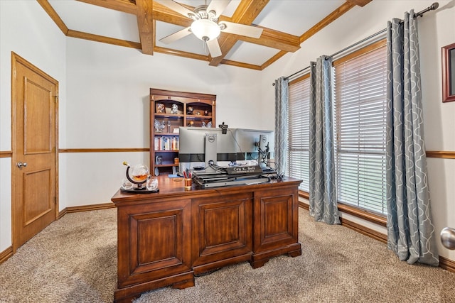 5651 Lucca Dr, Fort Worth, TX 76140 - carpeted home office with coffered ceiling, ceiling fan, beamed ceiling, and ornamental molding