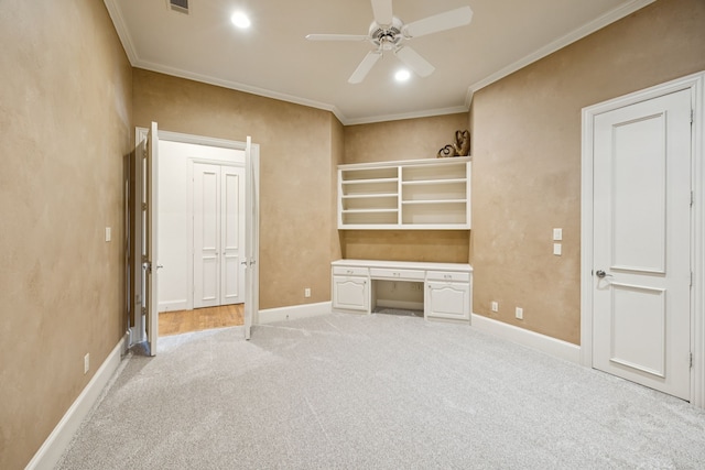 205 Suncreek Dr, Allen, TX 75013 - unfurnished office featuring built in study area, light colored carpet, ceiling fan, ornamental molding, and recessed lighting