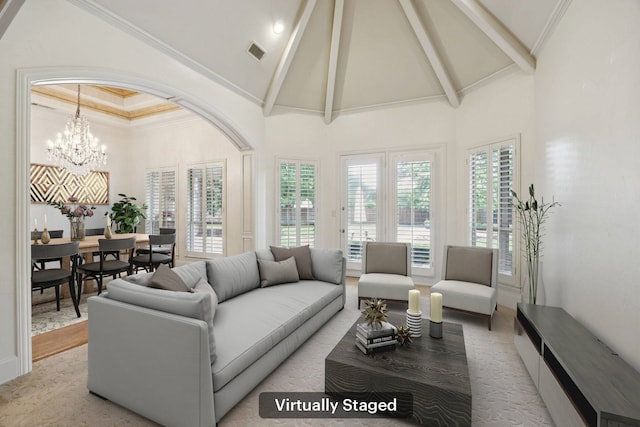 205 Suncreek Dr, Allen, TX 75013 - living room featuring high vaulted ceiling, beamed ceiling, and a chandelier