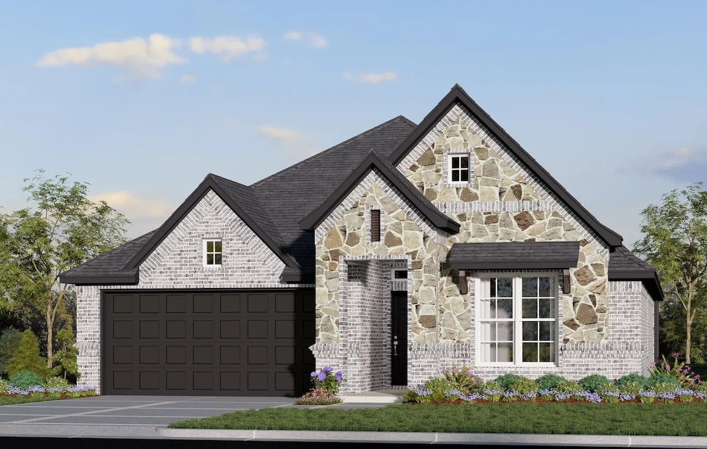 929 Madeline Ln, Cleburne, TX 76033 - view of front of house featuring stone siding, brick siding, driveway, a shingled roof, and an attached garage