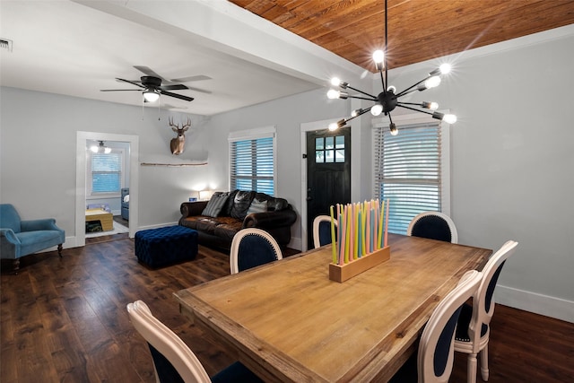 714 W Ball St, Weatherford, TX 76086 - dining space with wooden ceiling, wood finished floors, a chandelier, and a ceiling fan
