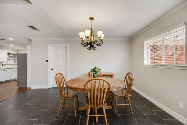 7122 Holden Dr, Rockwall, TX 75087 - dining space with a chandelier, healthy amount of natural light, crown molding, recessed lighting, and dark tile patterned flooring