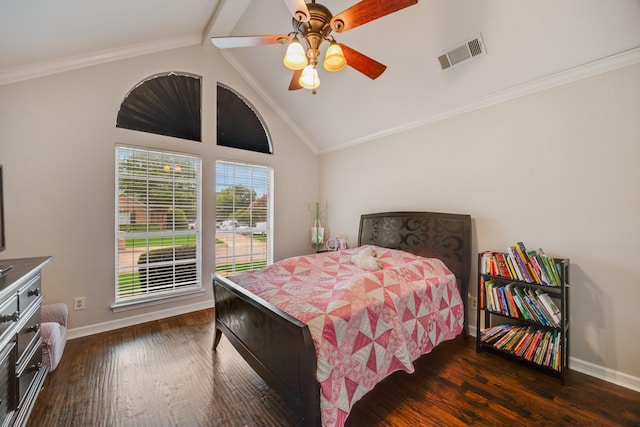 7122 Holden Dr, Rockwall, TX 75087 - bedroom with dark wood-style floors, ornamental molding, a ceiling fan, and high vaulted ceiling